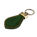 Detail of dark green crazy horse leather keychain with vintage bronze metal and orange stitching - Green (YSK005)