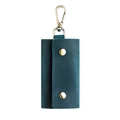 Dark cyan crazy horse leather key pouch with dual gold snap fasteners and swivel lobster clasp - Blue