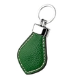 Detail of dark green lychee grain leather keychain with silver metal ring and white stitching - Bright Green