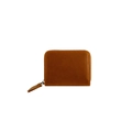 Detail of vintage brown leather card holder with secure metal zipper and sturdy stitching - Brown
