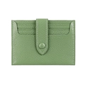 Detail view of grass green litchi grain leather card holder with three card slots and button - Light Green