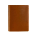 Detalle de funda para cuaderno A5 en cuero marrón vintage con costuras y porta bolígrafo - Marrón