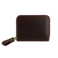 Detailed view of deep brown crazy horse leather wallet with vintage stitching and metal zipper - Coffee
