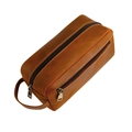 Brown crazy horse leather vintage toiletry bag with double zippers and side handle - Brown