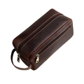 Vintage dark brown crazy horse leather toiletry bag with double zippers and handle - Coffee