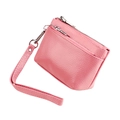 Close-up of pink pebbled leather coin purse with double zippers and wrist strap - Pink