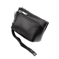 Detail of black pebble grain leather coin purse with dual silver zippers and wristlet - Black