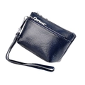 Detailed macro of navy blue litchi pattern leather coin purse with double silver zippers - Dark Blue