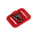 Detail of red crazy horse leather belt loop with black metal swivel eagle hook and yellow stitching - Red