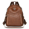 Vintage dark brown PU leather backpack for women with adjustable straps and front pockets - Brown