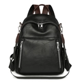 Minimalist black PU leather backpack with brown straps and dual silver zipper pockets - Black