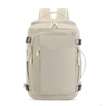 Dettaglio del grande zaino da viaggio beige con fibbie laterali e tessuto in nylon - Bianco Sporco