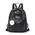 Mochila minimalista de piel sintética negra con bolsillos de cremallera y pompón blanco - Negro