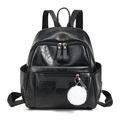 Glossy black PU leather backpack with front zipper pocket and white pompom charm - Black