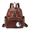 Vintage brown PU leather backpack for women with litchi texture and white fur ball charm - Brown