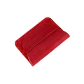 Dettaglio del porta carte in pelle rossa con cuciture gialle fatte a mano a vista - Rosso