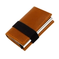 Brown crazy horse leather RFID trifold wallet with silver metal card case and elastic band - Brown