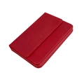 Close-up of deep red crazy horse leather pen case showing fine stitching and flap closure - Red