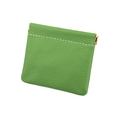Detail of lime green pebble grain leather coin purse with metal spring closure and stitching - Fruit Green
