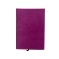 Macro shot of purple leather notebook cover showing fine litchi grain texture and bookmark - Purple