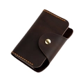 Dark brown leather card holder with contrast orange stitching and gold snap button - Coffee