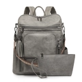 Ensemble sac à dos en cuir PU gris avec pompon et bandoulière tissée colorée - Gris