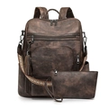 Braunes Retro-Rucksack-Set aus Kunstleder mit Ethno-Gurt und Quasten-Anhänger - Strukturierter Kaffee