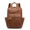 Classic brown PU leather backpack for women featuring tassel detail and front zipper pocket - Two-tone Brown Coarse Grain