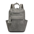 Detail of grey pebble leather backpack showing top handle and side tassel ornament - Gray