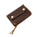 Detail of vintage brown crazy horse leather card holder with brass snaps and yellow stitching - Dark Coffee (2038)