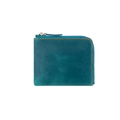 Peacock blue crazy horse leather short wallet with orange contrast stitching - Blue
