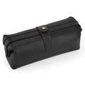 Black leather toiletry bag with orange contrast stitching and bronze metal clasp - 7025 Black