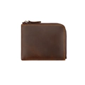 Dark brown crazy horse leather wallet with L-shaped zipper and yellow contrast stitching - Coffee