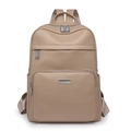 Minimalist beige pebble leather backpack for women with silver zippers and large capacity - Khaki