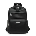 Front view of a black pebbled leather backpack with silver zippers and large front pocket - Black