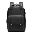 Retro Herrenrucksack aus schwarzem PU-Leder mit USB-Ladeanschluss und Vertikalriemen - Schwarz