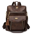 Zaino multifunzionale vintage in pelle PU marrone scuro da donna con nappa e finiture dorate - caffè