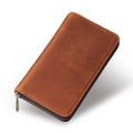 Brown crazy horse leather zipper pen pouch in high-quality cowhide leather finish - Brown