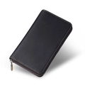 Black crazy horse leather zipper pen case with contrasting white stitching detail - Black