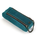 Dark teal crazy horse leather pencil case with double zippers and metal chain accents - Blue