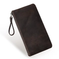 Vintage dark brown crazy horse leather clutch bag with secure wrist strap and zipper - Coffee