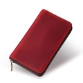 Retro red crazy horse leather zipper pen case with detailed yellow stitching on white background - Red