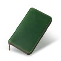 Dark green crazy horse leather pen case with zipper closure and yellow stitching - Green