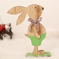 Easter wooden rabbit table ornament in natural and green with a red plaid bow - P-m60 Men's Wooden Rabbit Ornament