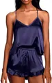 Nahaufnahme von dunkelblauem Satin-Pyjama-Set mit V-Ausschnitt-Top und Rüschen-Shorts - S / Marineblau