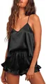 Detail of black satin pajama set featuring V-neck camisole and ruffled hem shorts - S / Black