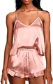Detail eines rosa Satin-Schlafanzugs mit seidigem Top und Shorts mit Rüschensaum - S / Lotosrosa