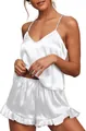 Detail of white satin sleepwear set featuring a V-neck camisole and ruffled shorts - S / White