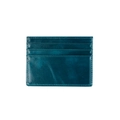Close-up of teal oil wax leather card holder showing fine stitching and card slots - Blue
