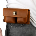 Dark brown leather waist pouch with star buckle and double pockets on belt - Brown